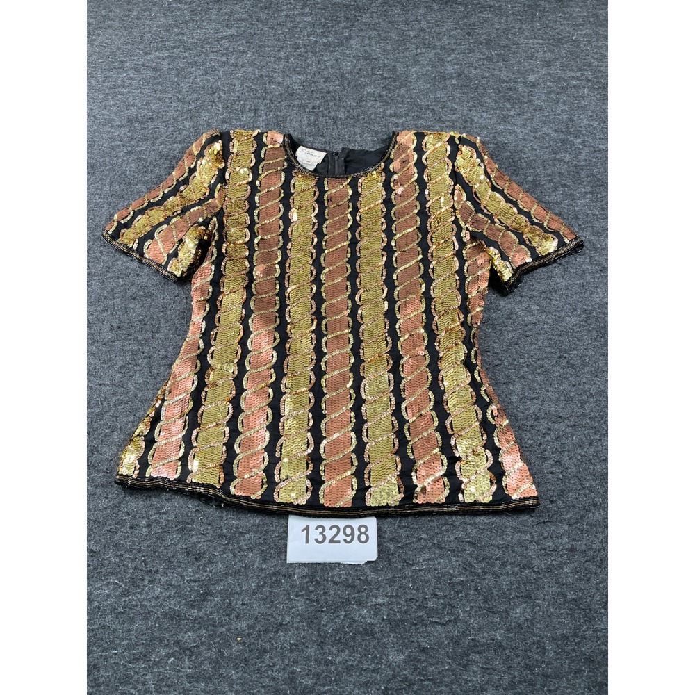 Vintage Stenay Blouse Top Women Medium Black Gold Sequins Stripes Silk Back Zip